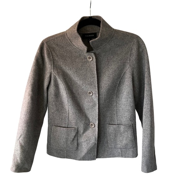 Talbots Womens Gray Wool Blend Blazer Jacket Sz 2 Mock Neck Button Front Pockets - Picture 1 of 7
